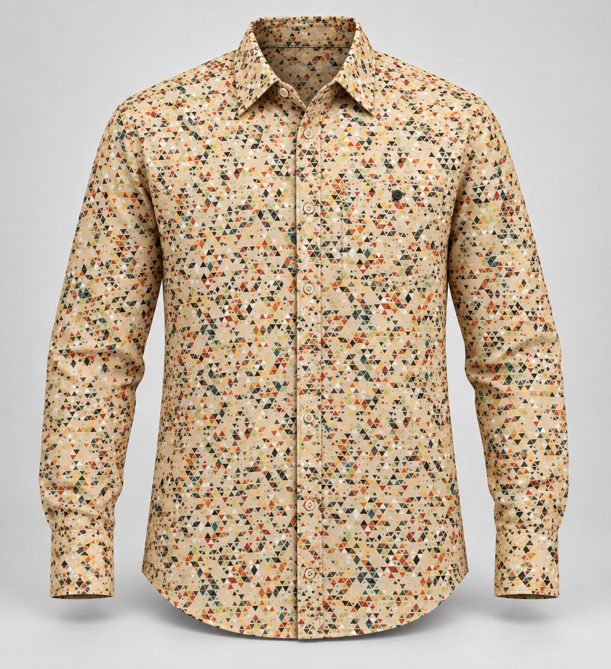 Micro Triangle Print Full Sleeve Pocket Shirt - Cream Multicolour - 3D product front, without supplier labels or tags