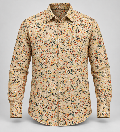 Micro Triangle Print Full Sleeve Pocket Shirt - Cream Multicolour - 3D product front, without supplier labels or tags