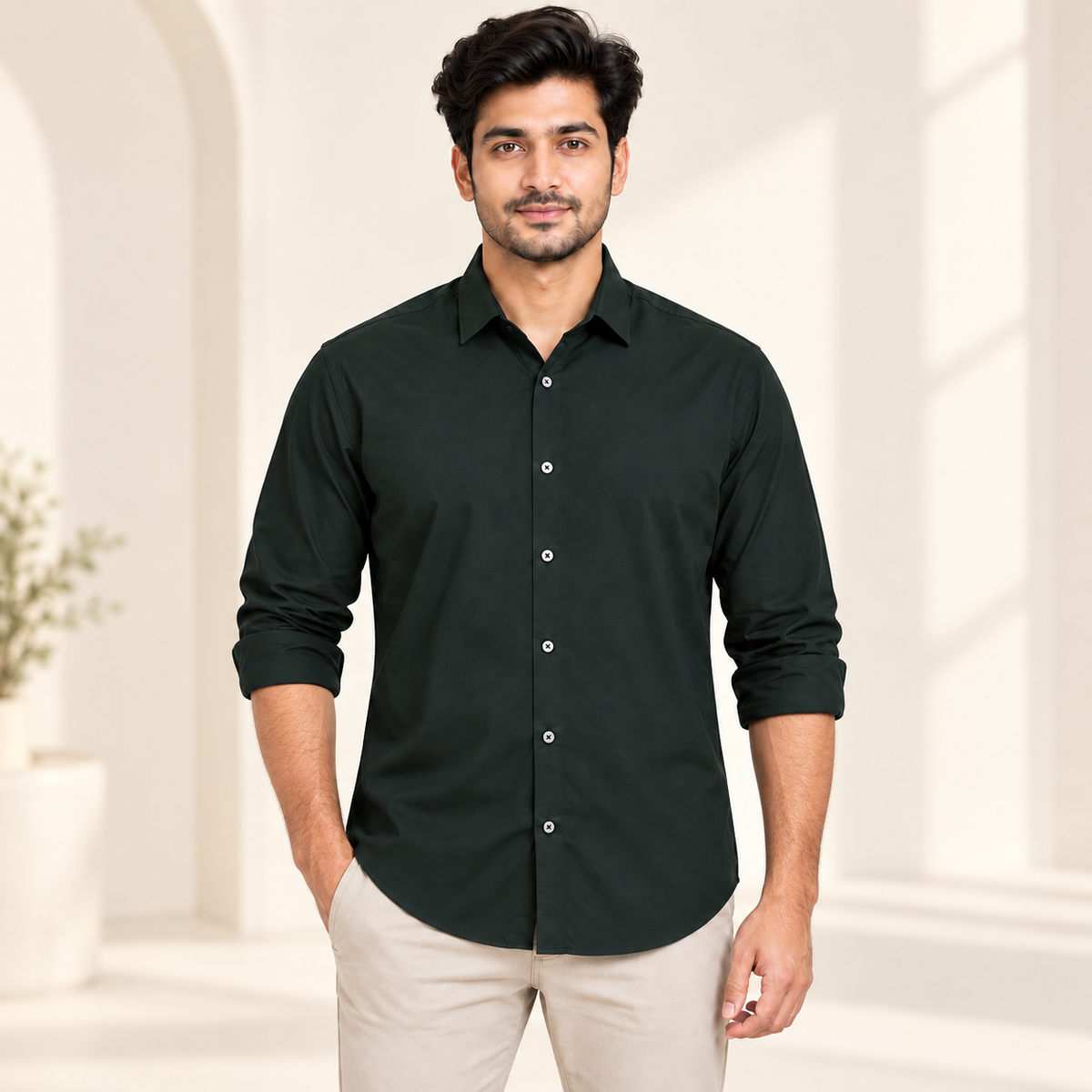 Plain Full Sleeve Shirt - Dark Green - modern model, folded sleeves, without supplier labels or tags