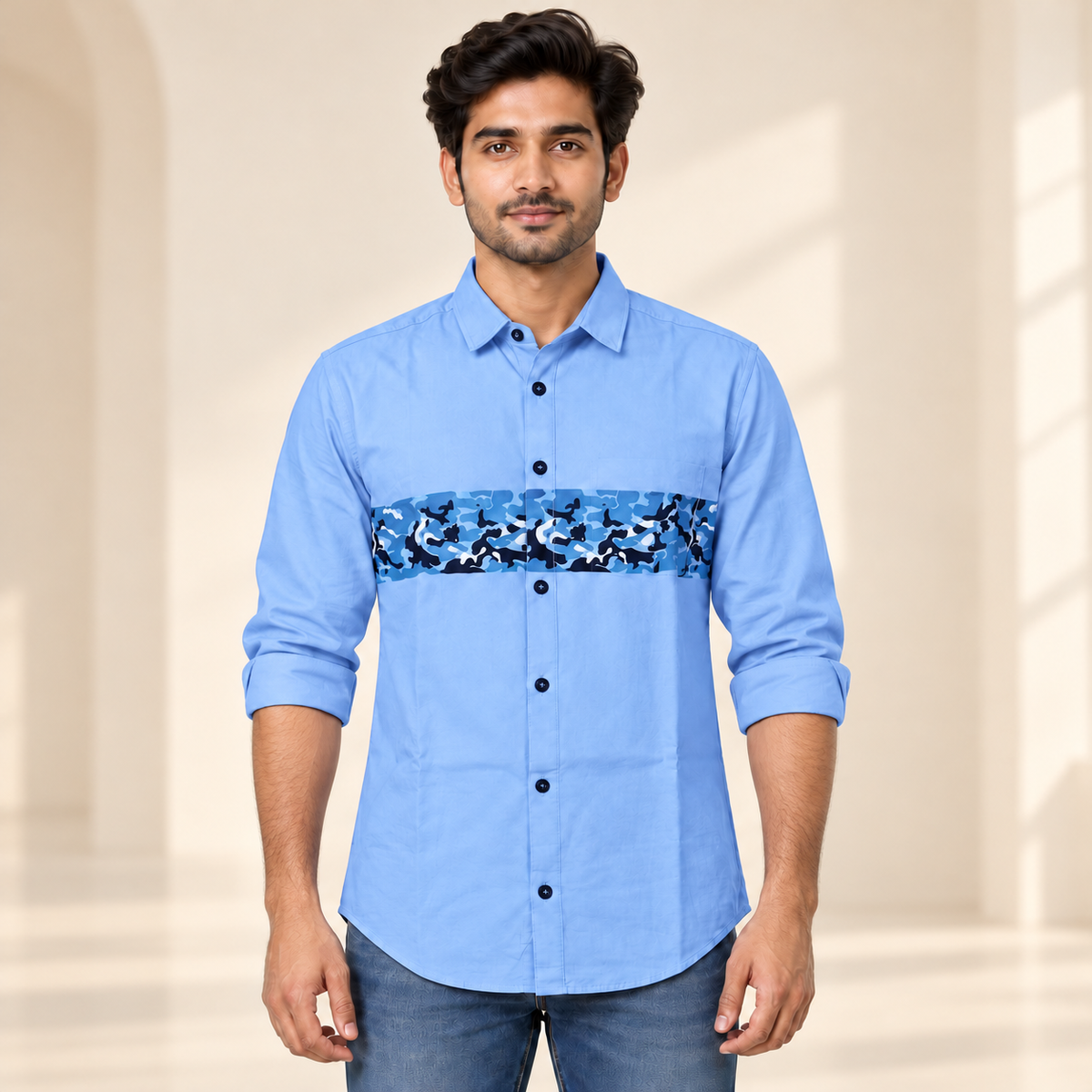 Camouflage Chest Band Full Sleeve Shirt - Light Blue - modern model, folded sleeves, without supplier labels or tags