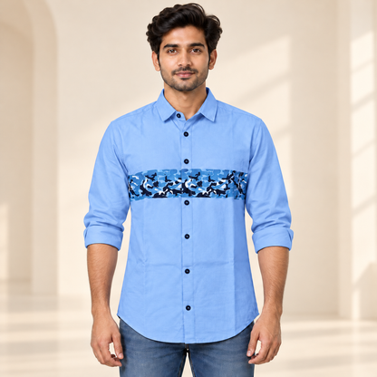 Camouflage Chest Band Full Sleeve Shirt - Light Blue - modern model, folded sleeves, without supplier labels or tags