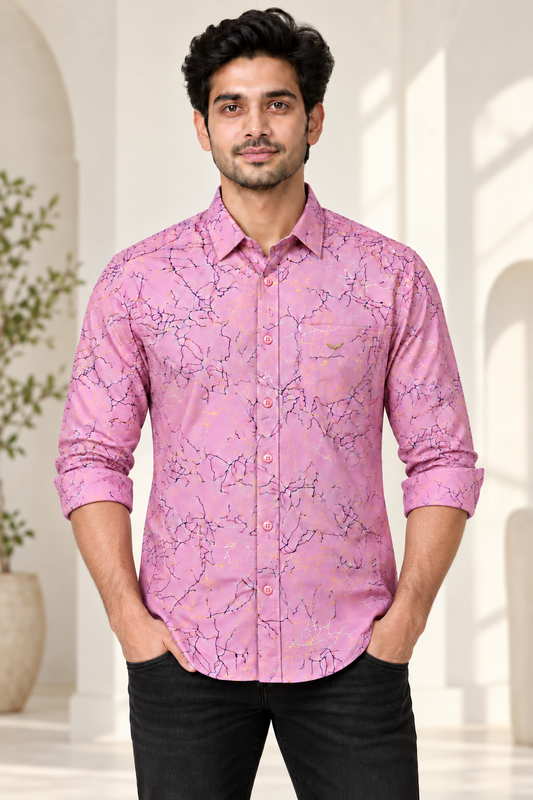 Crackle Print Full Sleeve Pocket Shirt - Lilac Pink - modern model, folded sleeves, without supplier labels or tags