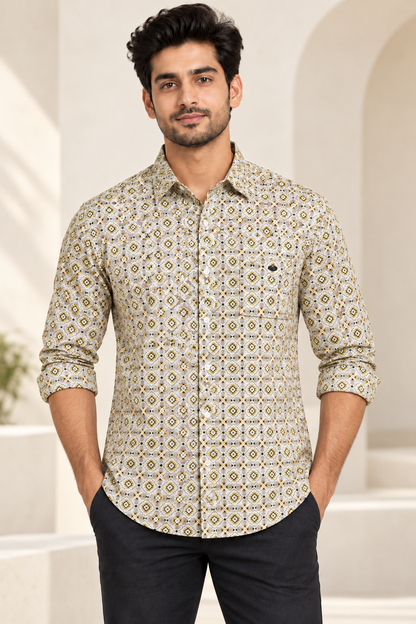 Diamond Print Full Sleeve Pocket Shirt - Cream Olive - modern model, folded sleeves, without supplier labels or tags