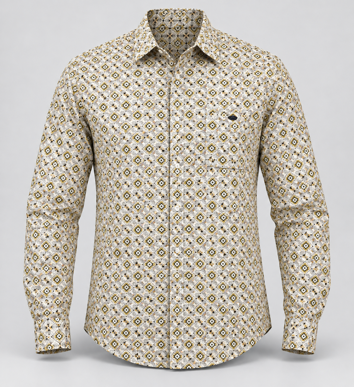 Diamond Print Full Sleeve Pocket Shirt - Cream Olive - 3D product front, without supplier labels or tags