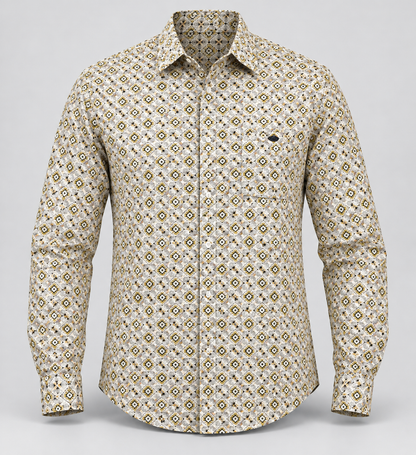 Diamond Print Full Sleeve Pocket Shirt - Cream Olive - 3D product front, without supplier labels or tags