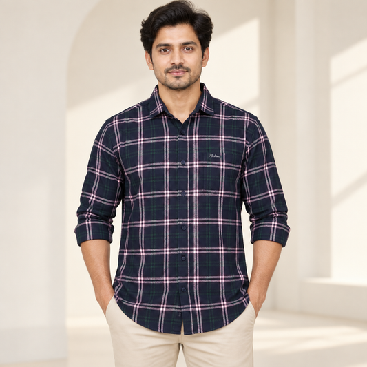 Double Windowpane Full Sleeve Pocket Shirt - Navy Green Pink - modern model, folded sleeves, without supplier labels or tags