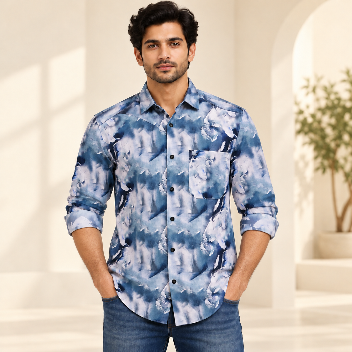 Abstract Wash Full Sleeve Pocket Shirt - Slate Blue - modern model, folded sleeves, without supplier labels or tags