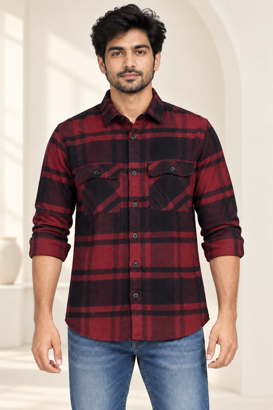 Large Check Double Flap Pocket Full Sleeve Shirt - Maroon Black - modern model, folded sleeves, without supplier labels or tags
