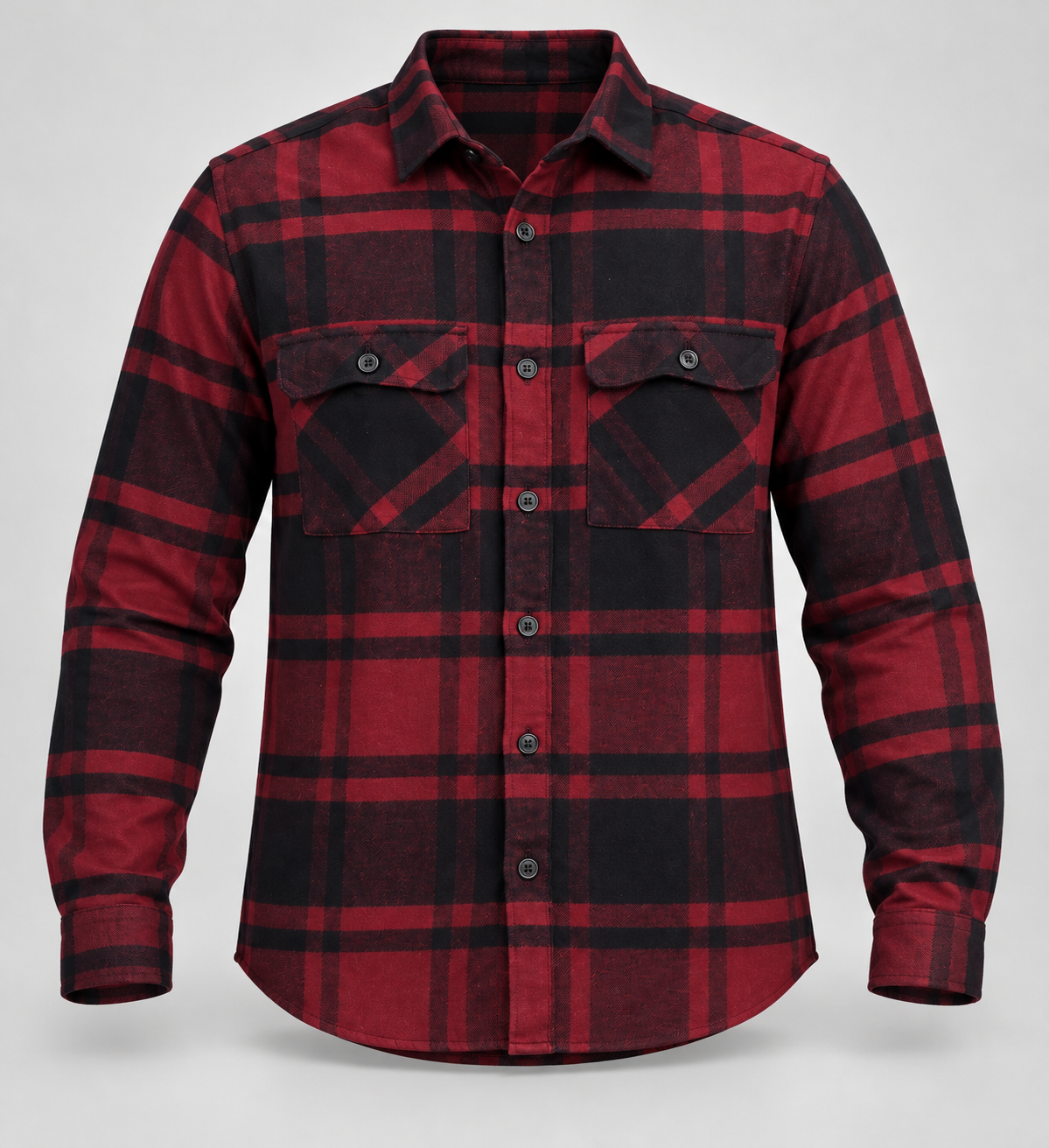 Large Check Double Flap Pocket Full Sleeve Shirt - Maroon Black - 3D product front, without supplier labels or tags
