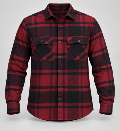 Large Check Double Flap Pocket Full Sleeve Shirt - Maroon Black - 3D product front, without supplier labels or tags