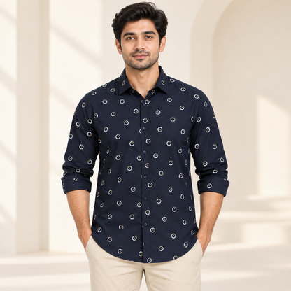 Open Ring Print Full Sleeve Shirt - Navy - modern model, folded sleeves, without supplier labels or tags