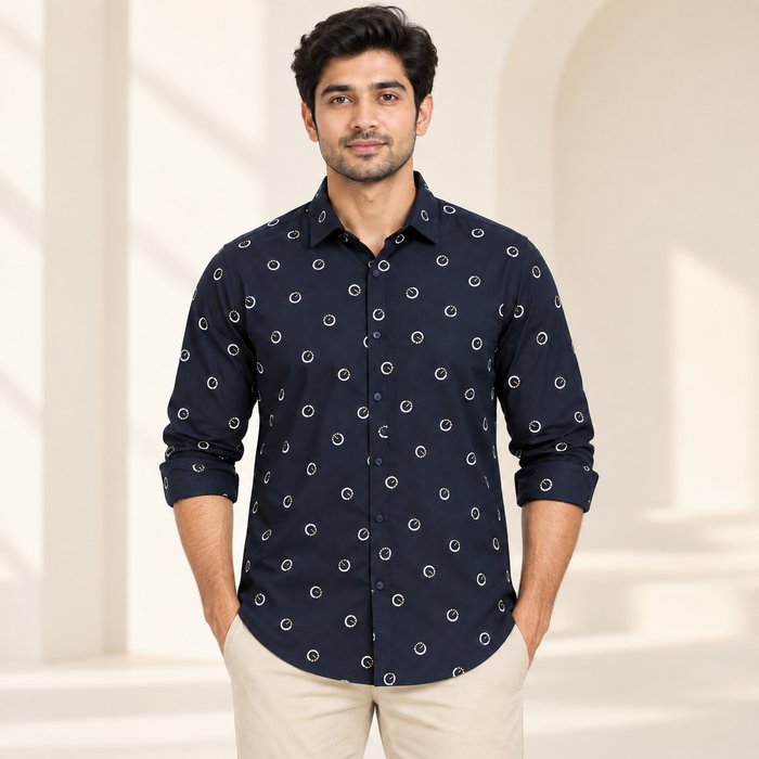 Open Ring Print Full Sleeve Shirt - Navy