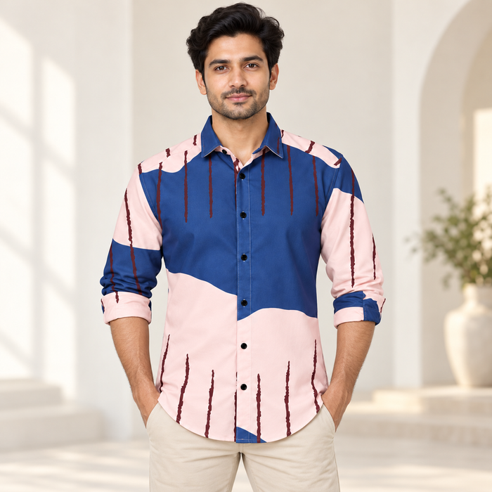 Wave Colour Block Full Sleeve Shirt - Blue Blush
