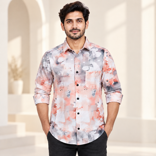 Abstract Fragment Print Full Sleeve Pocket Shirt - Pink Grey - modern model, folded sleeves, without supplier labels or tags