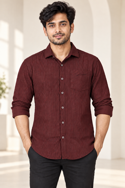 Vertical Texture Full Sleeve Pocket Shirt - Burgundy - modern model, folded sleeves, without supplier labels or tags