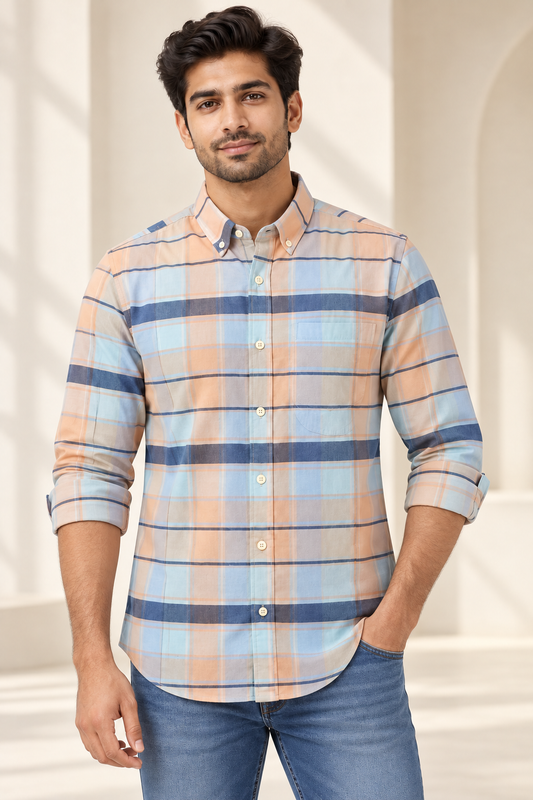 Pastel Check Button Down Full Sleeve Shirt - Peach Blue Navy - modern model, folded sleeves, without supplier labels or tags