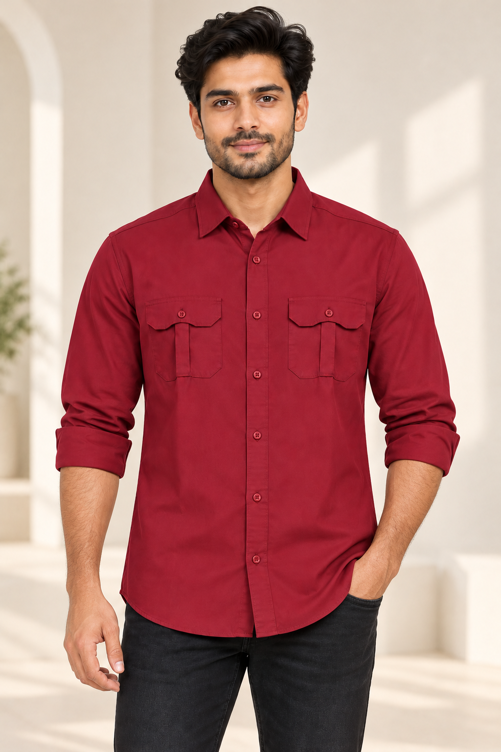 Plain Double Flap Pocket Full Sleeve Shirt - Maroon - modern model, folded sleeves, without supplier labels or tags