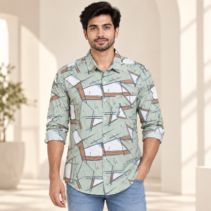 Angular Print Full Sleeve Pocket Shirt - Sage White Tan - modern model, folded sleeves, without supplier labels or tags