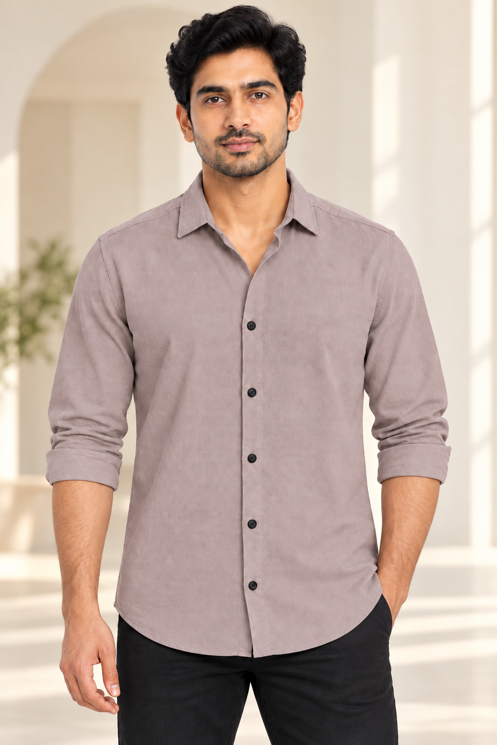 Vertical Texture Full Sleeve Shirt - Dusty Taupe - modern model, folded sleeves, without supplier labels or tags