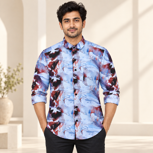 Abstract Wash Full Sleeve Pocket Shirt - Blue Burgundy - modern model, folded sleeves, without supplier labels or tags