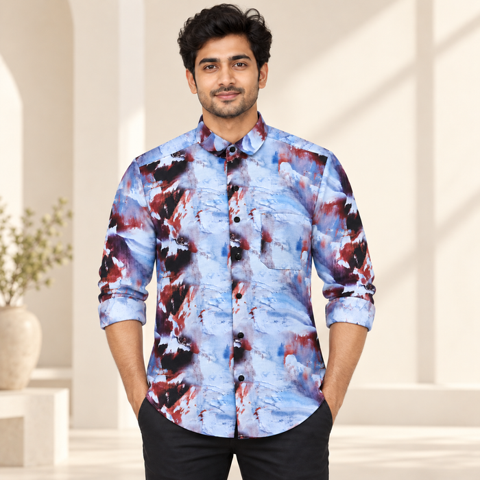 Abstract Wash Full Sleeve Pocket Shirt - Blue Burgundy
