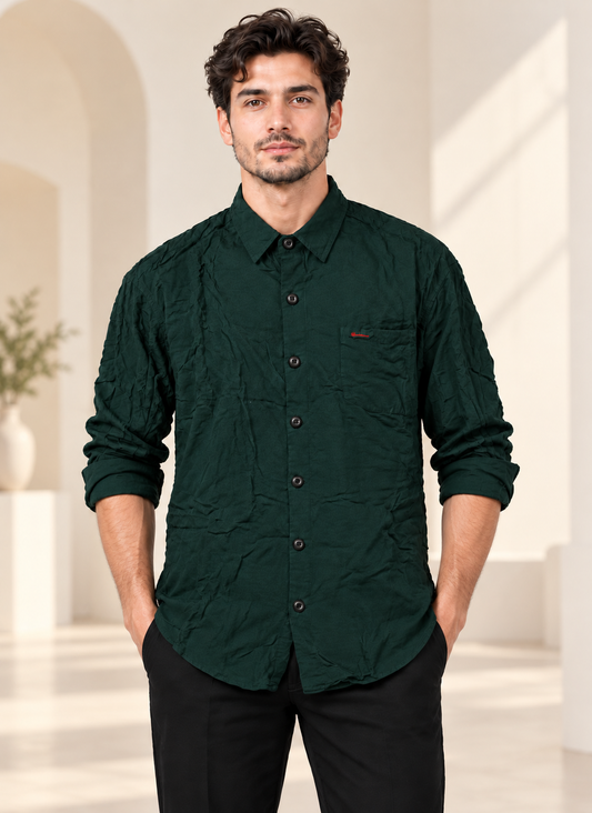 Textured Full Sleeve Pocket Shirt - Dark Green - modern model, folded sleeves, without supplier labels or tags