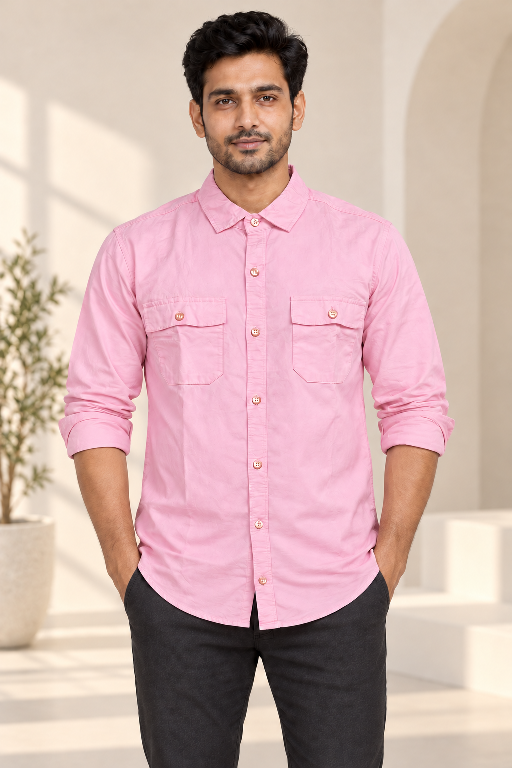 Plain Double Flap Pocket Full Sleeve Shirt - Pale Pink - modern model, folded sleeves, without supplier labels or tags