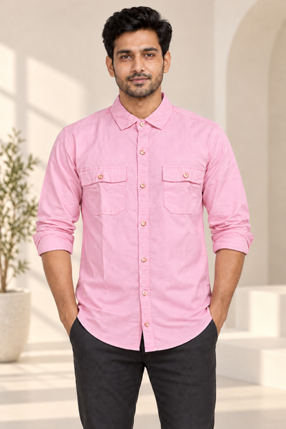 Plain Double Flap Pocket Full Sleeve Shirt - Pale Pink - modern model, folded sleeves, without supplier labels or tags