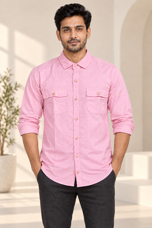 Plain Double Flap Pocket Full Sleeve Shirt - Pale Pink - modern model, folded sleeves, without supplier labels or tags