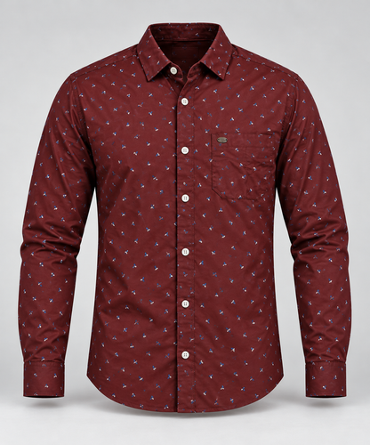 Small Angular Motif Full Sleeve Pocket Shirt - Burgundy - 3D product front, without supplier labels or tags