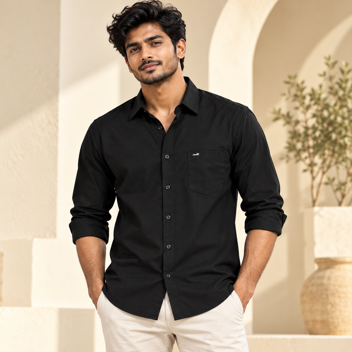 Plain Full Sleeve Pocket Shirt - Black