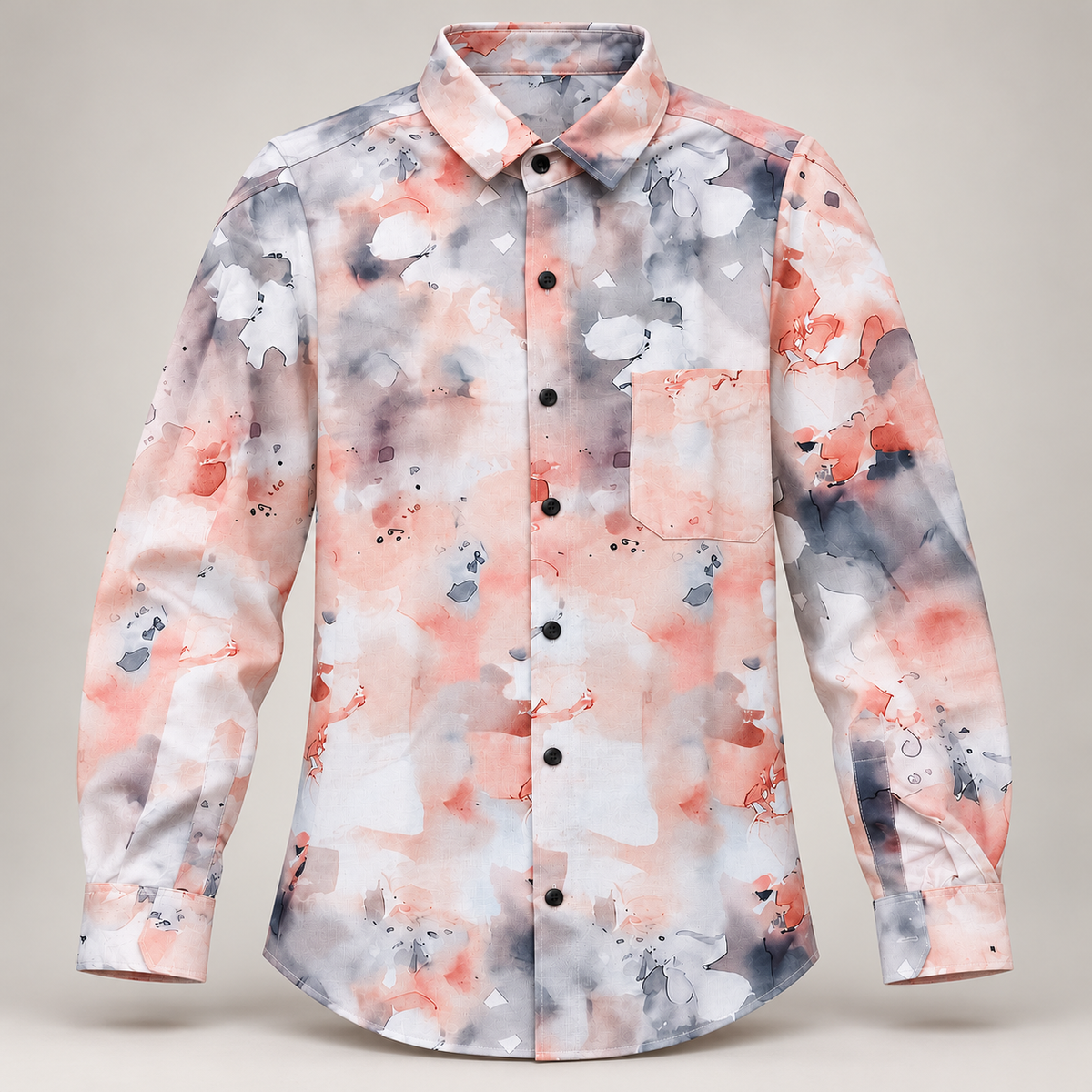 Abstract Fragment Print Full Sleeve Pocket Shirt - Pink Grey - clean dimensional product front, without hangtags