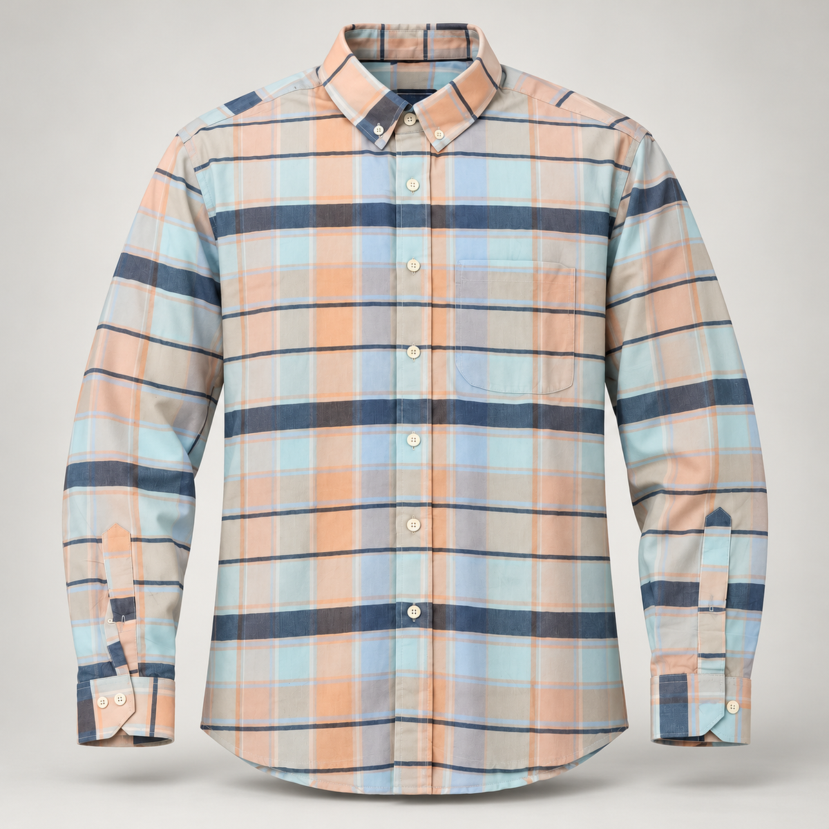 Pastel Check Button Down Full Sleeve Shirt - Peach Blue Navy - clean dimensional product front, without hangtags