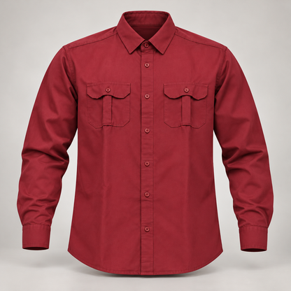 Plain Double Flap Pocket Full Sleeve Shirt - Maroon - clean dimensional product front, without hangtags