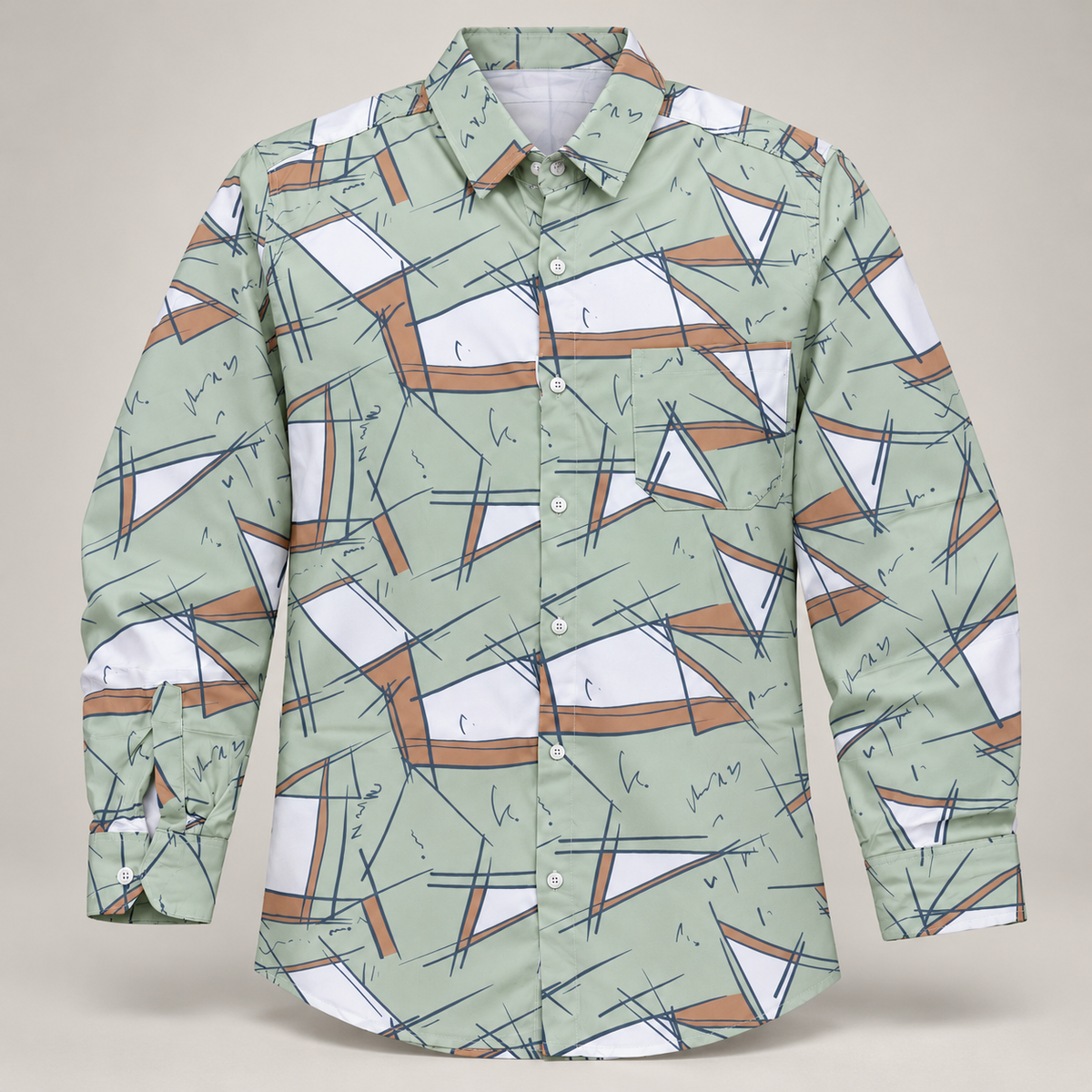 Angular Print Full Sleeve Pocket Shirt - Sage White Tan - clean dimensional product front, without hangtags