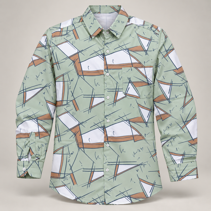 Angular Print Full Sleeve Pocket Shirt - Sage White Tan - clean dimensional product front, without hangtags