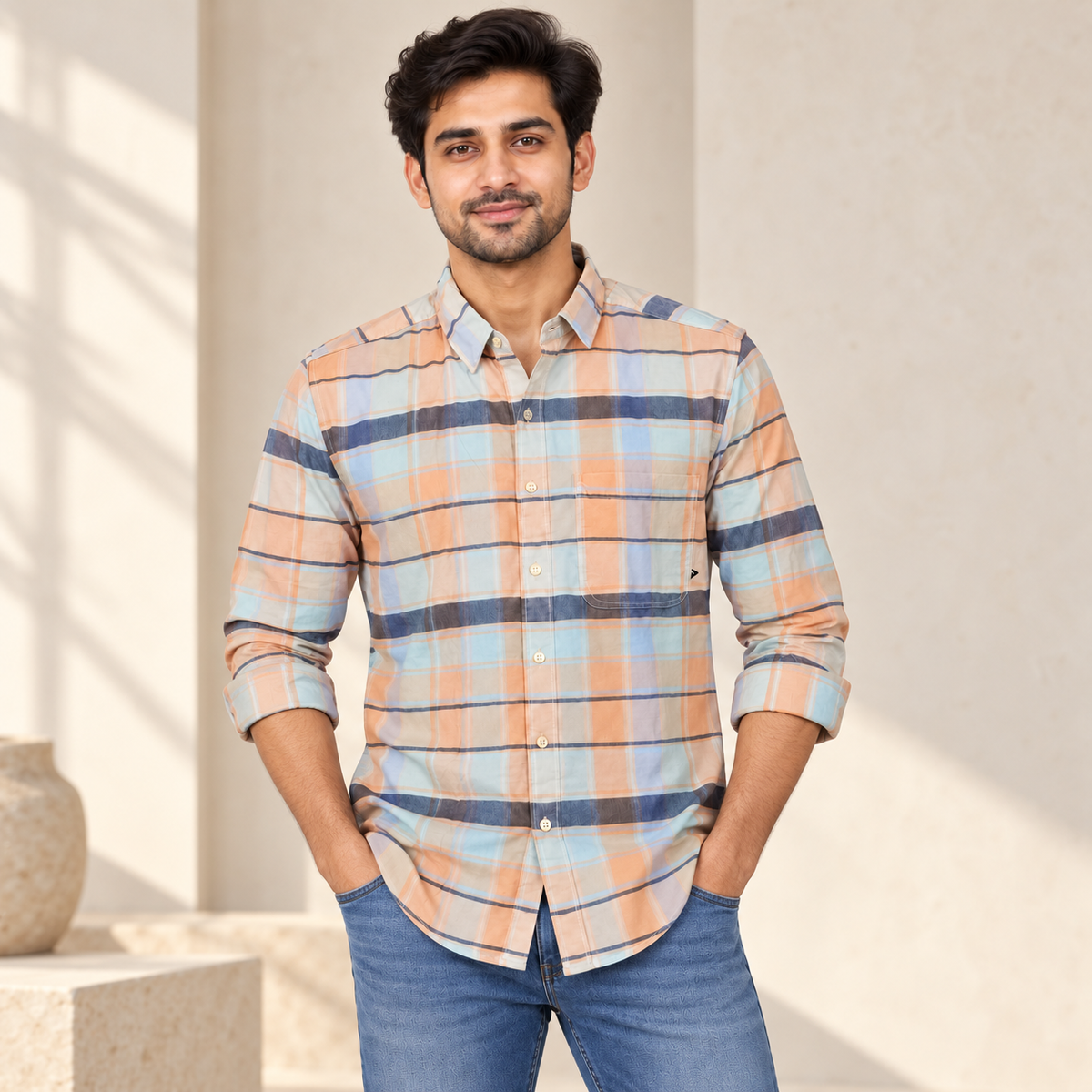 Pastel Check Full Sleeve Triangle Pocket Shirt - Peach Blue Slate - modern model with rolled sleeves, without hangtags