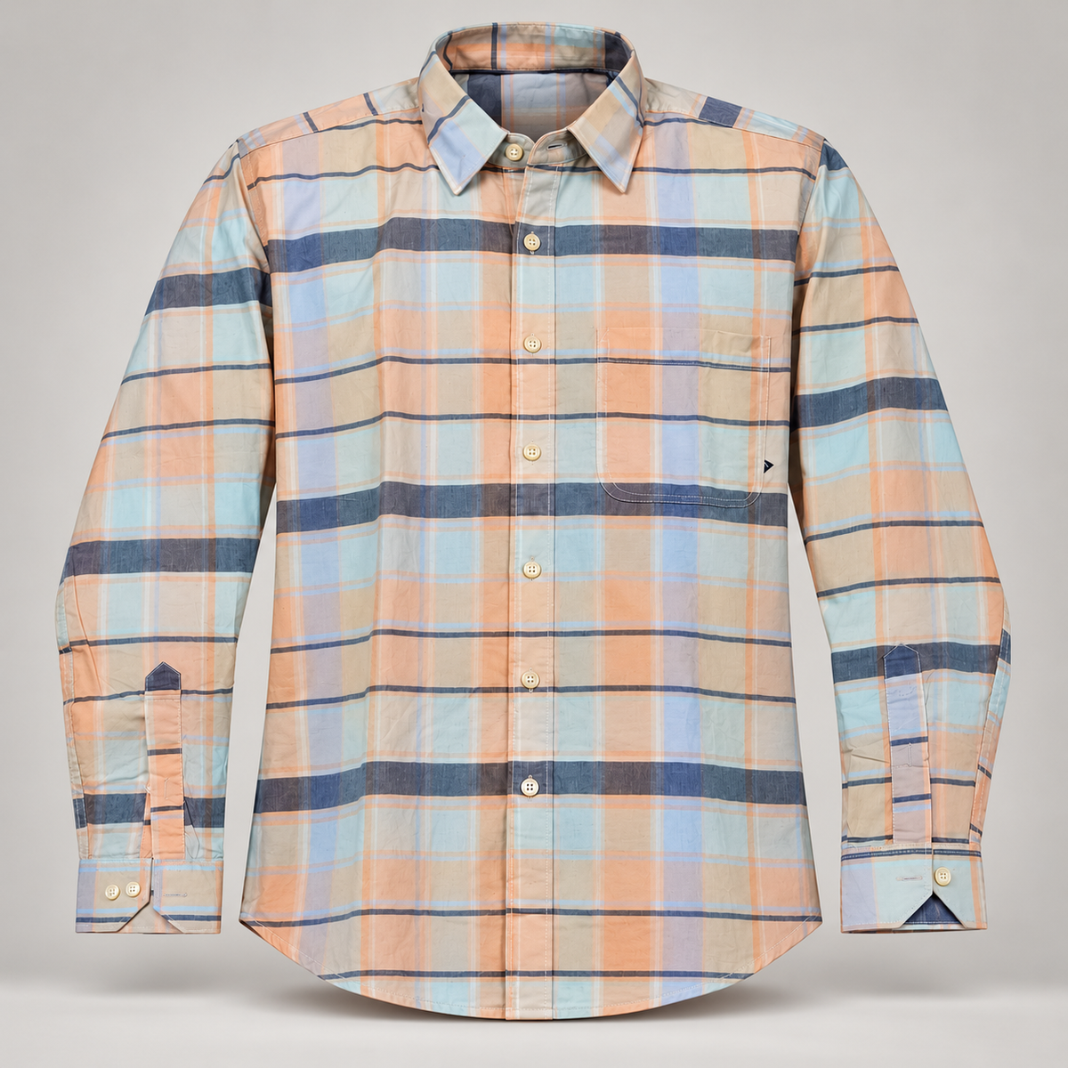 Pastel Check Full Sleeve Triangle Pocket Shirt - Peach Blue Slate - clean dimensional product front, without hangtags