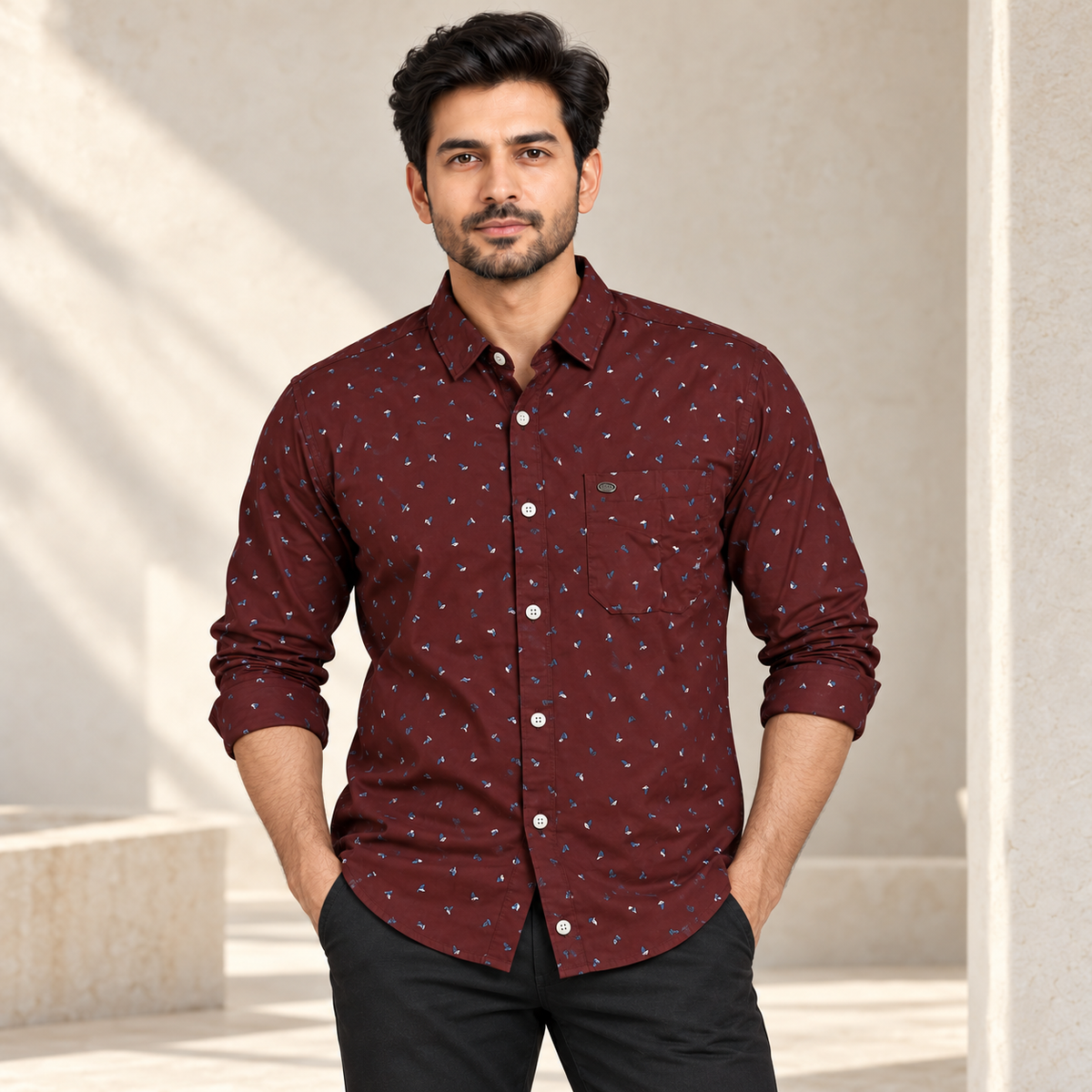 Small Angular Motif Full Sleeve Pocket Shirt - Burgundy - modern model with rolled sleeves, without hangtags