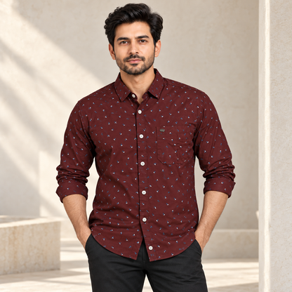 Small Angular Motif Full Sleeve Pocket Shirt - Burgundy - modern model with rolled sleeves, without hangtags