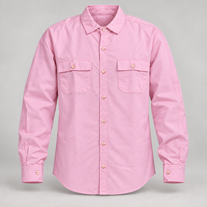Plain pale pink double flap pocket full sleeve shirt - dimensional product front with both pocket buttons