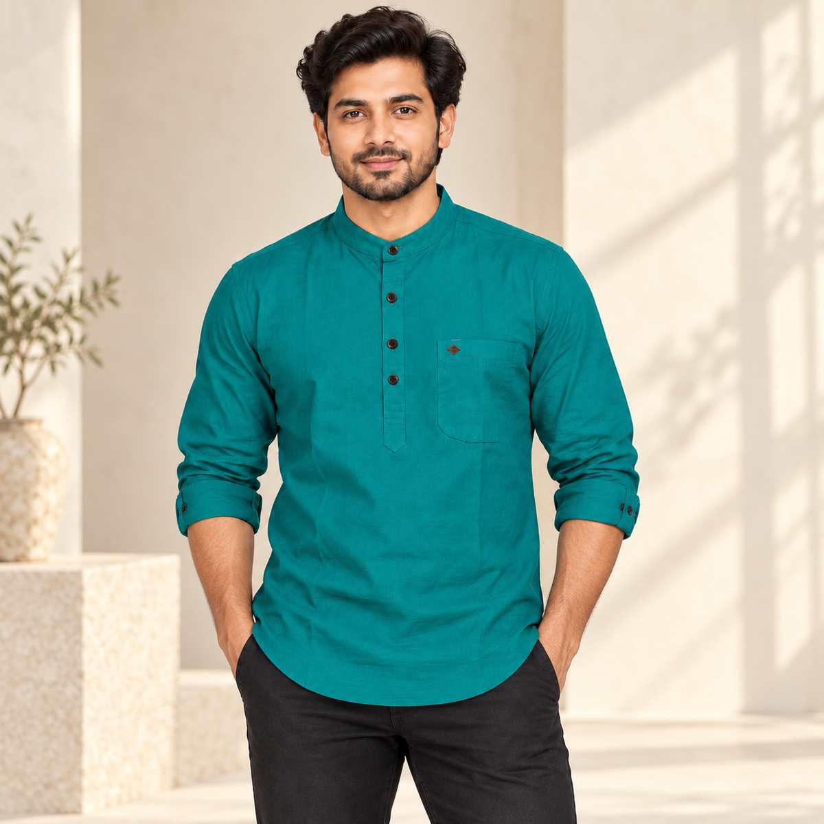 Mandarin Collar Half Placket Full Sleeve Pocket Shirt - Teal - modern model with rolled sleeves, without hangtags