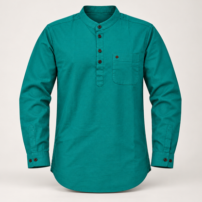 Mandarin Collar Half Placket Full Sleeve Pocket Shirt - Teal - clean dimensional product front, without hangtags