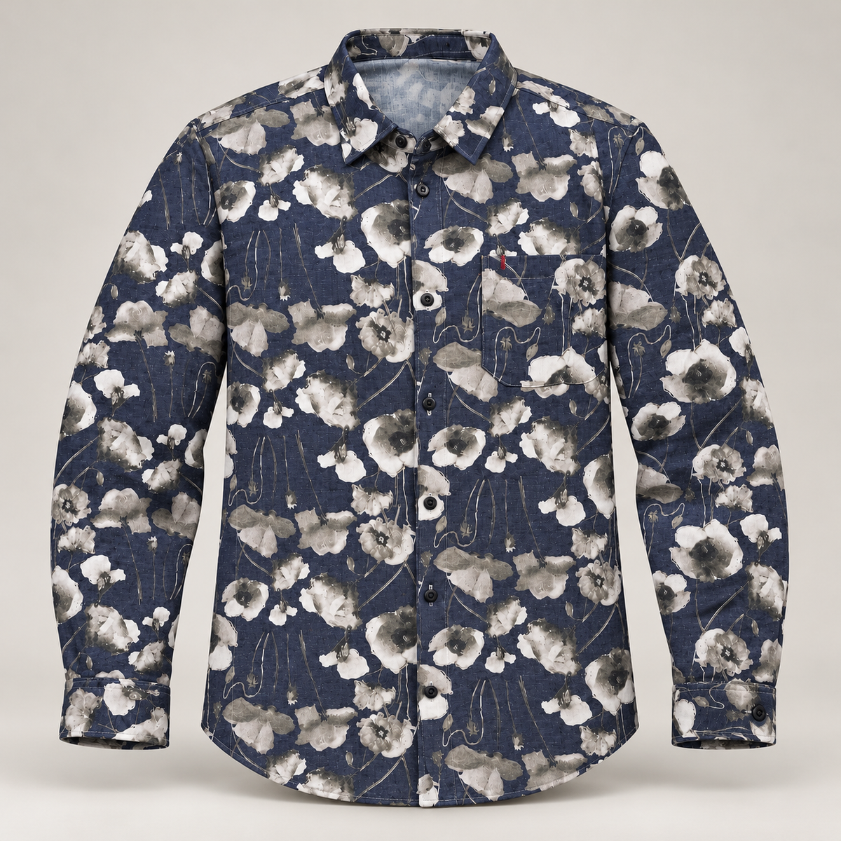 Large Floral Print Full Sleeve Pocket Shirt - Navy Cream Grey - clean dimensional product front, without hangtags