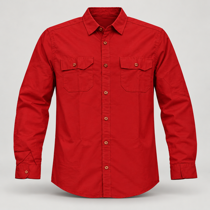 Plain Double Flap Pocket Full Sleeve Shirt - Red - clean dimensional product front, without hangtags