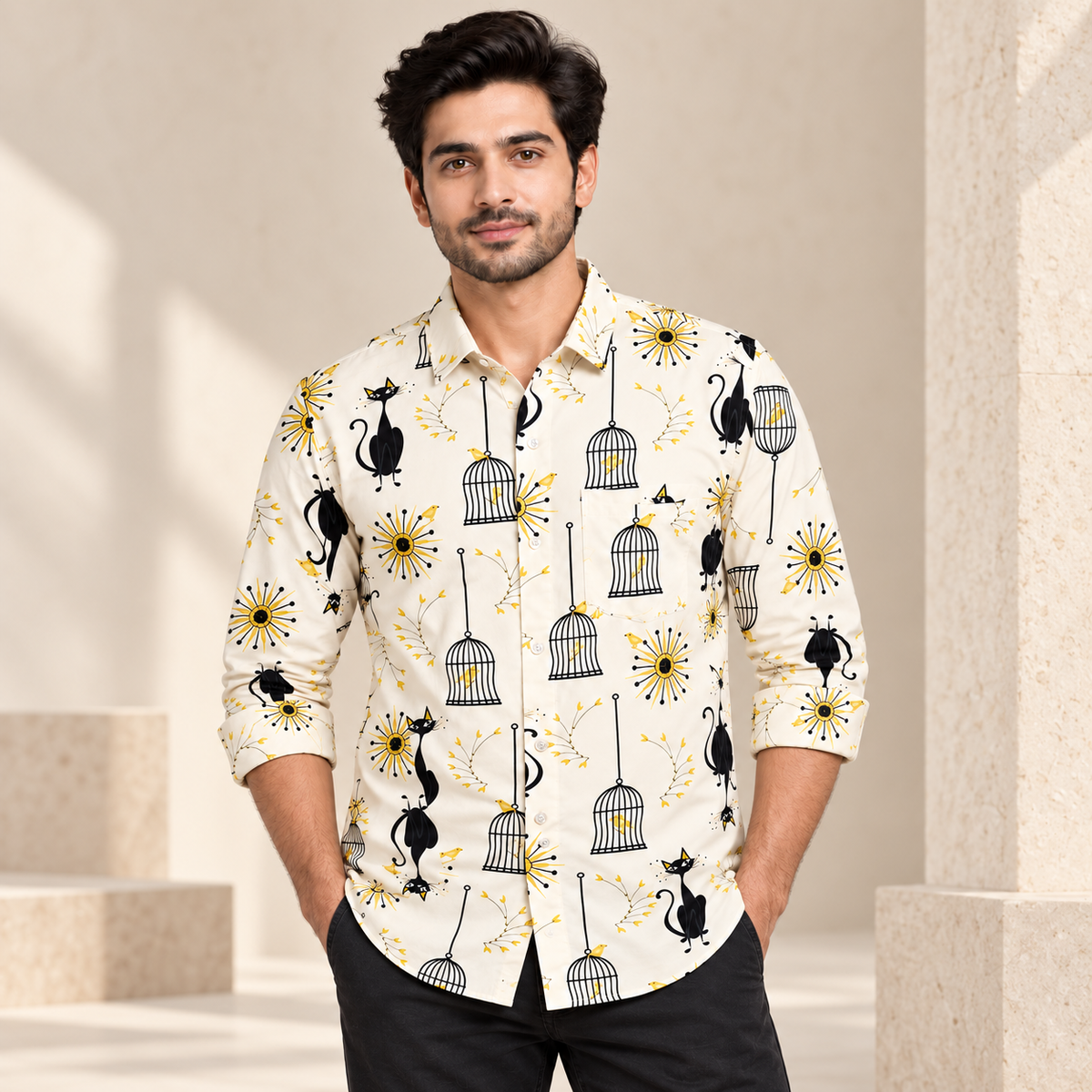 Cat and Birdcage Print Full Sleeve Pocket Shirt - Cream Yellow - modern model with rolled sleeves, without hangtags