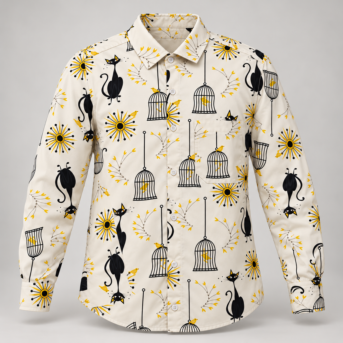 Cat and Birdcage Print Full Sleeve Pocket Shirt - Cream Yellow - clean dimensional product front, without hangtags