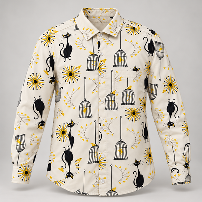 Cat and Birdcage Print Full Sleeve Pocket Shirt - Cream Yellow - clean dimensional product front, without hangtags