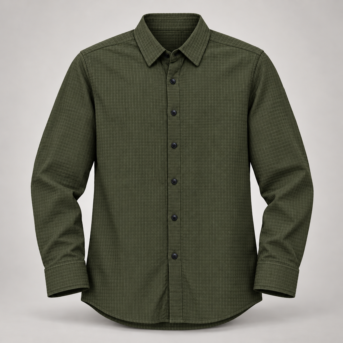 Tonal Textured Full Sleeve Shirt - Dark Olive - clean dimensional product front, without hangtags