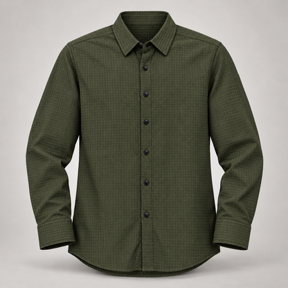 Tonal Textured Full Sleeve Shirt - Dark Olive - clean dimensional product front, without hangtags